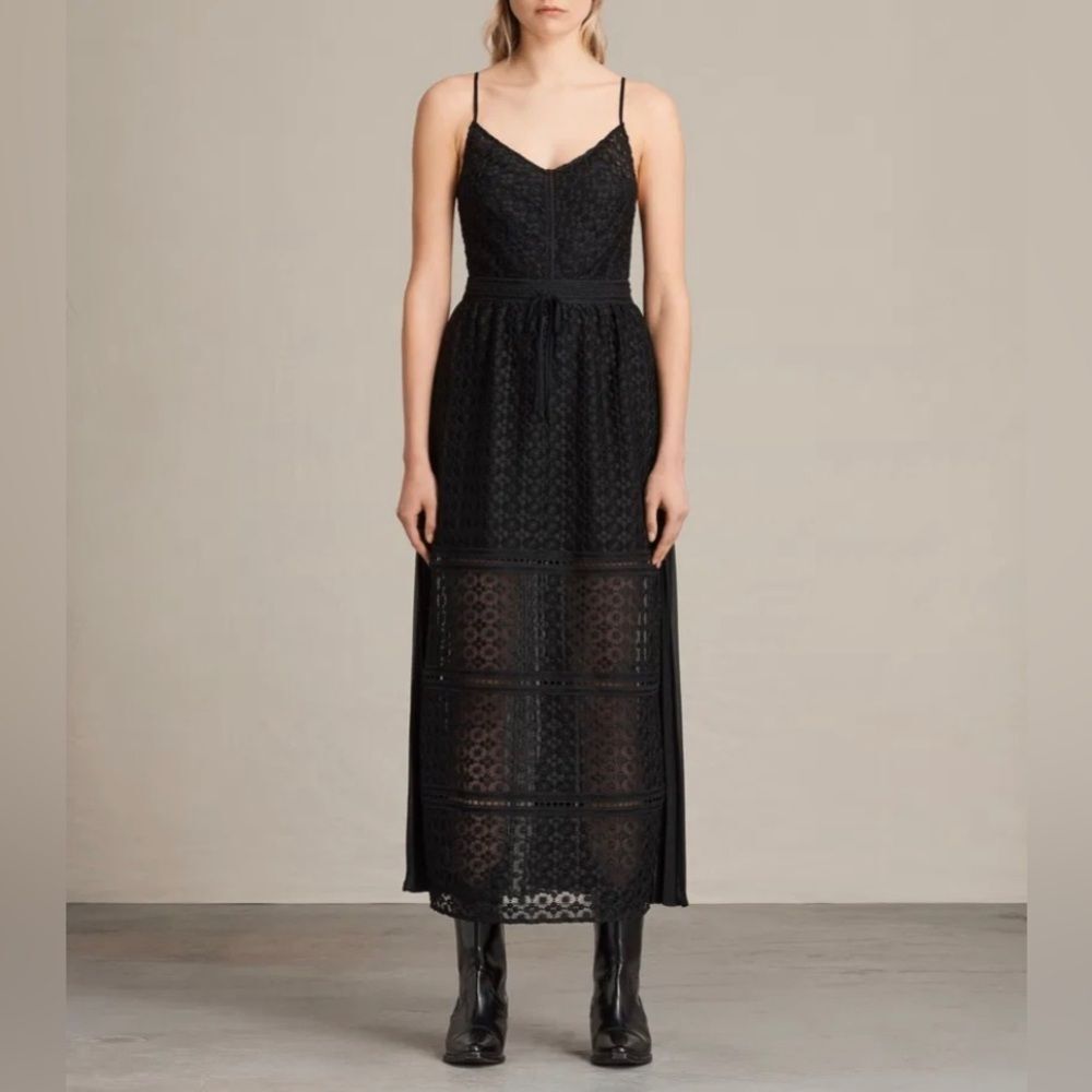All Saints Black Lace Maxi Dress with Sheer Skirt Panels - Picture 13 of 16